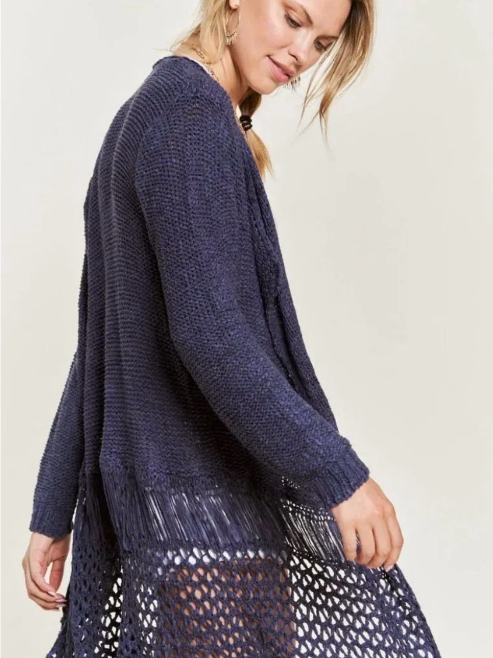 NWOT Boho Navy Open-Knit Fringe Hem Women's cardigan